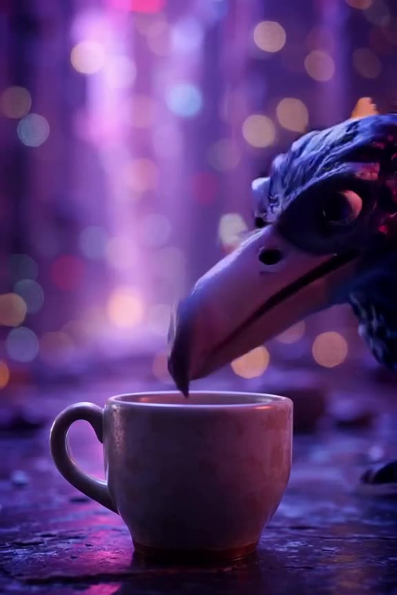 A robotic raven taps a beat on a ceramic coffee mug with its beak, then kicks the cup gen…