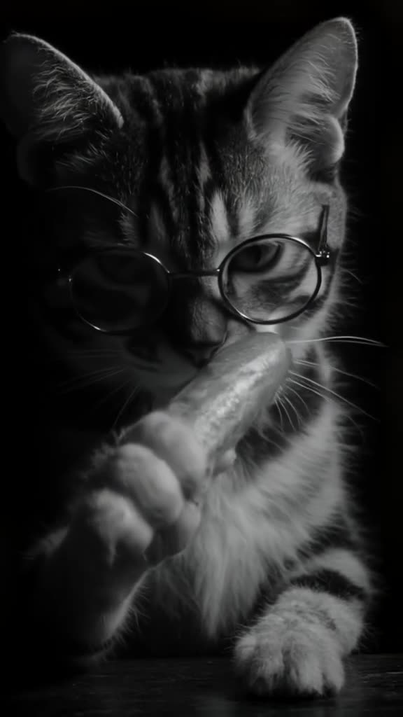 Close-up of a Siamese cat in vintage round glasses. A cucumber rolls slowly toward its fa…