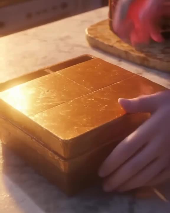 A hyper-realistic bento box slides across a marble counter, but the compartments are mini…