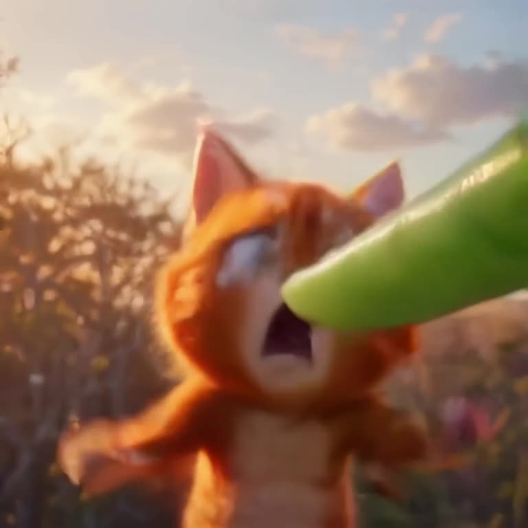 Fluffy orange tabby frozen mid-air, eyes wide in absolute horror as a giant translucent c…