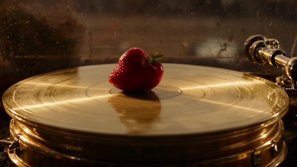 A luxurious gold turntable platter rotates infinitely, spinning a single, perfect strawbe…