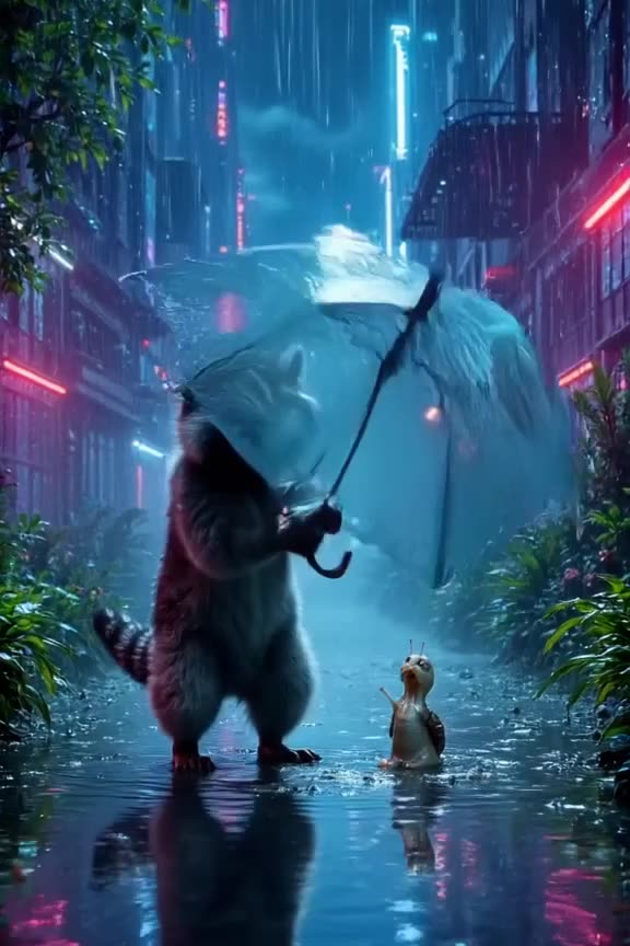 A raccoon in a tiny raincoat opens an umbrella over a shivering garden snail. They stand …