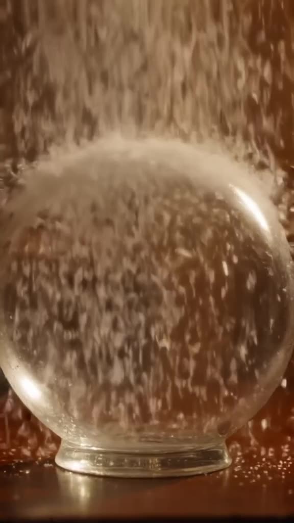 Cinematic slow motion: a snow globe is shaken vigorously. Glitter swirls in a mesmerizing…