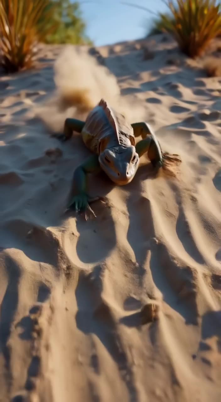 A rock iguana slides down a sandy slope on its belly, kicking up a puff of dust. Warm aft…