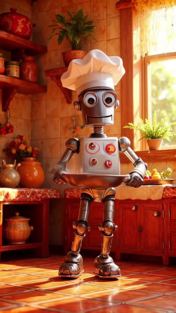A robot chef with a frying pan for a head bounces to a salsa tune in a vibrant, tiled Mex…