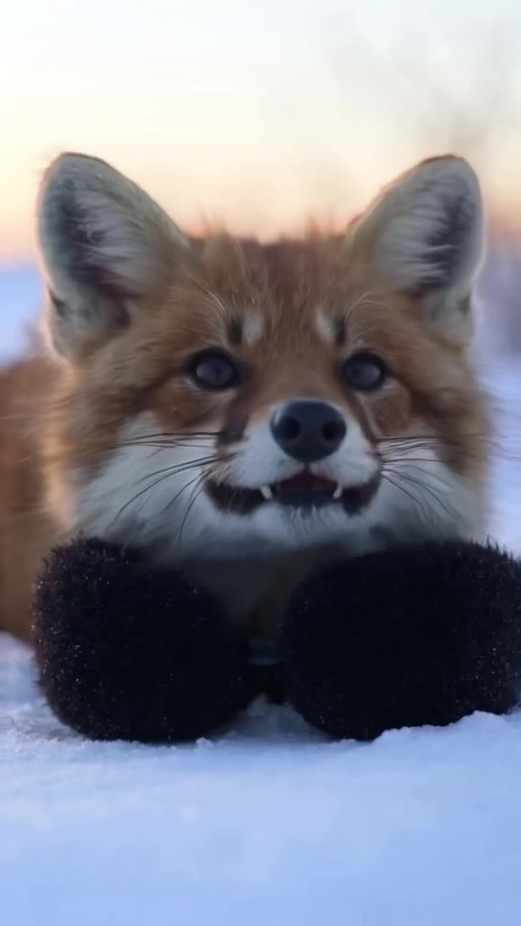 A pair of earmuffs rests on snow. A fox pokes its head out, wears them, and looks at came…