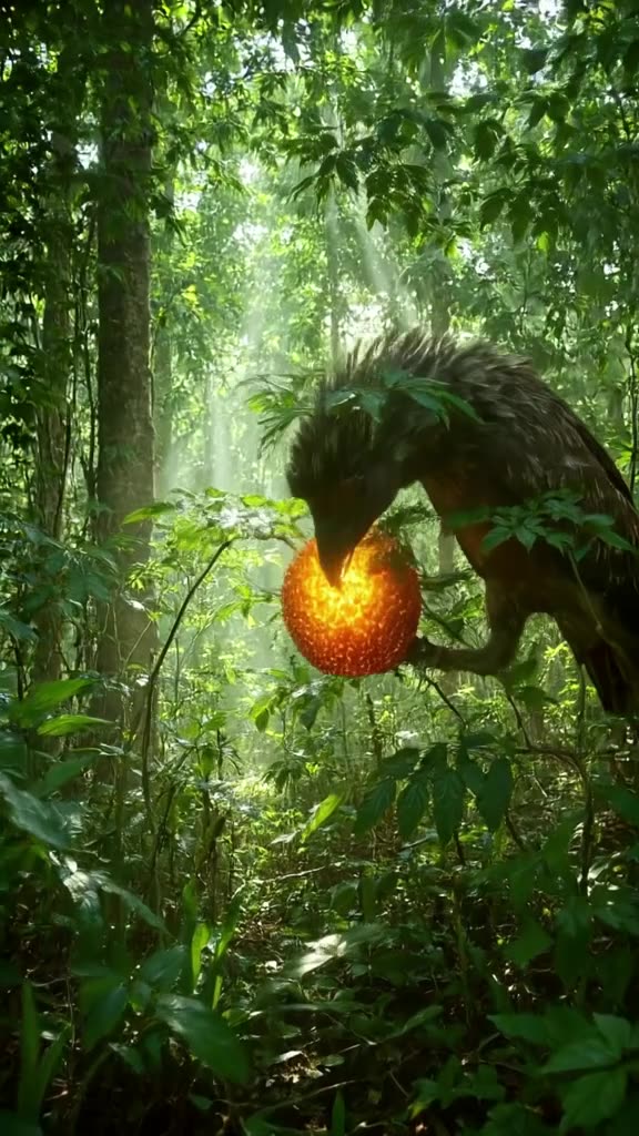 Amazon rainforest canopy, lush and green. A giant bird pecks at a giant, glowing berry. C…