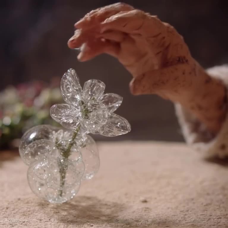 A tiny giant’s hand gently crushes a glass sculpture of a flower, causing it to morph int…