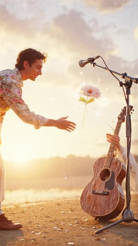 A microphone stand bends over like a waiter, offering a glowing flower to a lonely guitar…