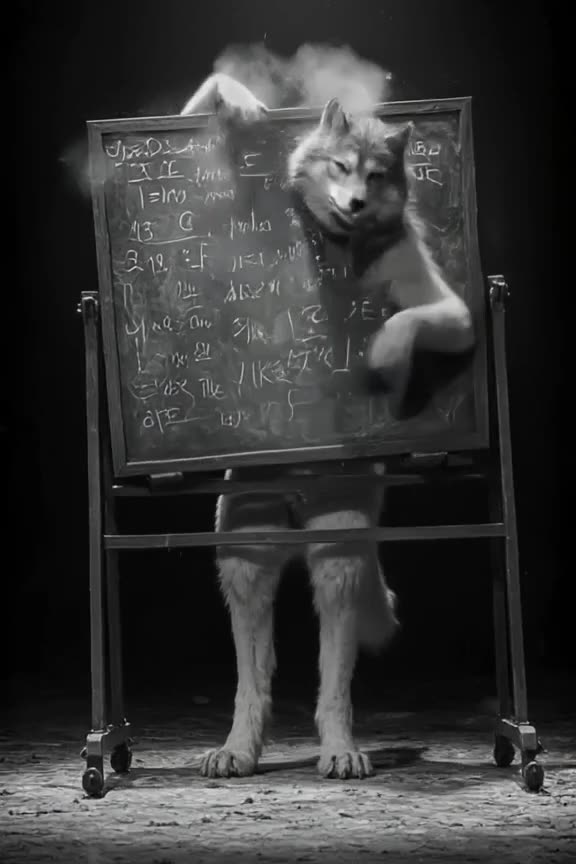 An arctic wolf in a tie stands at a blackboard, writing complex equations with chalk. The…