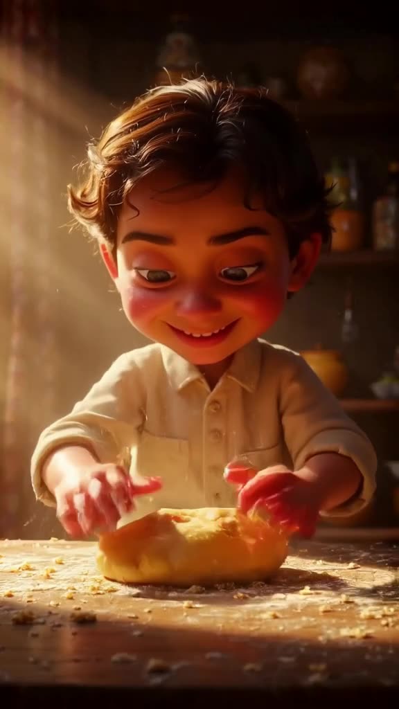 A tiny baker kneads dough that is the size of a car. Dust particles float in a shaft of s…