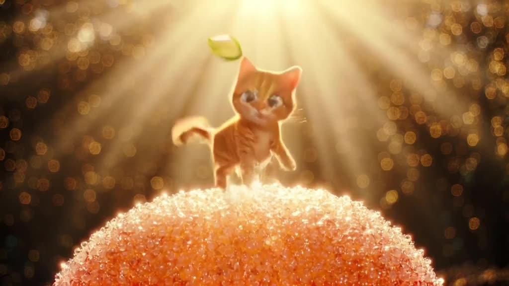 A tiny ginger tabby sits atop a giant, glossy lollipop. Suddenly, a single cucumber slice…