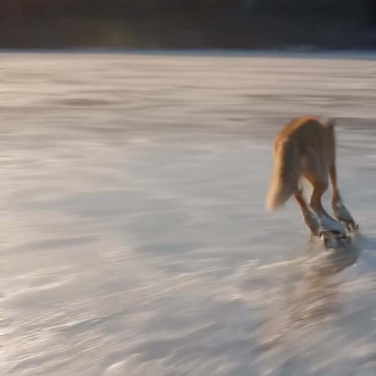 A fox wears roller skates and glides across a frozen lake, leaving glittering trails behi…