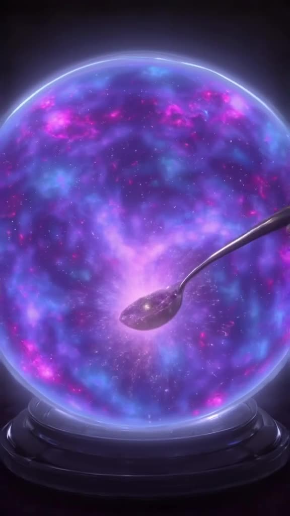 A crystal ball contains a swirling galaxy of purple and blue candy. A tiny spoon scoops o…