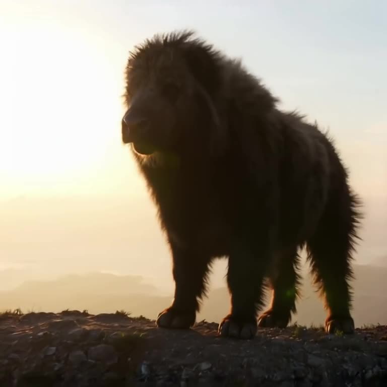 A musk ox stands majestically on a cliff edge, its thick fur blowing in the wind. The sun…