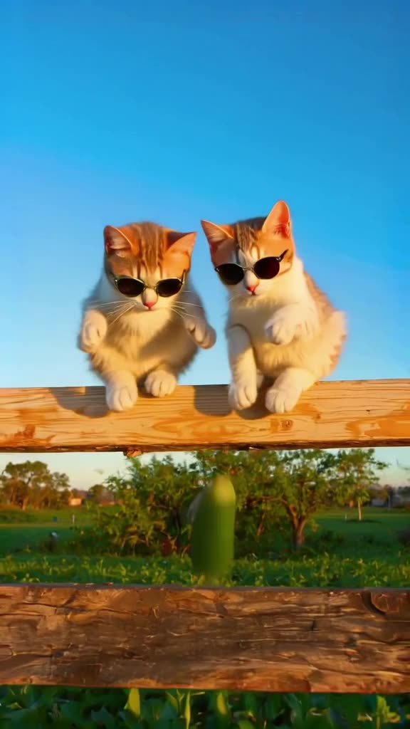 Two kittens wearing sunglasses sit on a wooden fence. One cucumber is thrown gently towar…