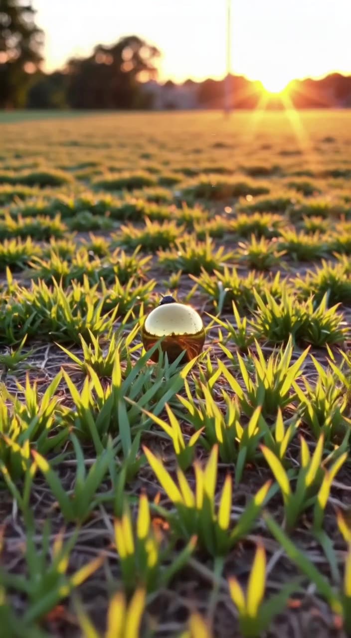 A beetle rolls a pristine sphere of dung like a golden globe. Warm sunset lighting create…