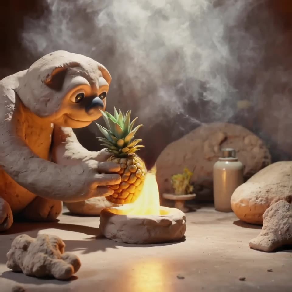 A giant sloth gently places a pineapple on a roaring fire pit. Camera pushes in slowly. V…