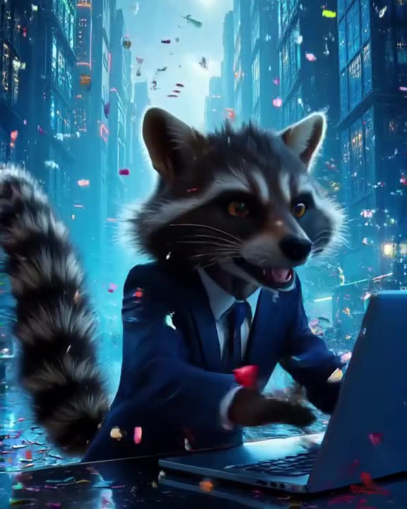 A raccoon in a crisp suit types furiously on a laptop, tail twitching. It hits one key an…