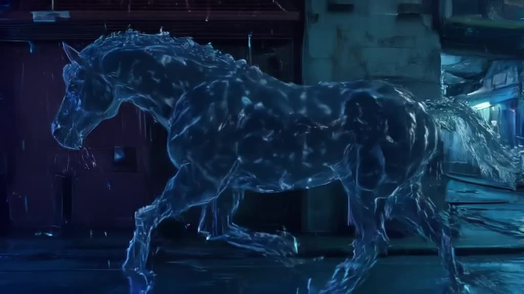 A majestic horse made entirely of clear, bubbling gelatin gallops through a neon-lit Toky…