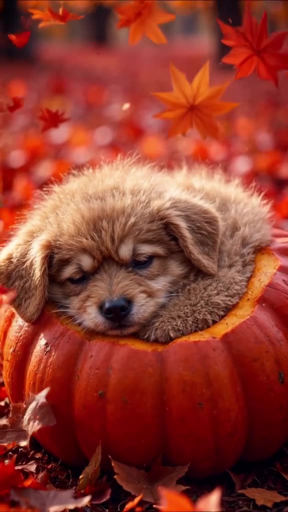 A tiny teacup puppy sleeping soundly inside the hollow of a hollowed-out pumpkin. Autumn …
