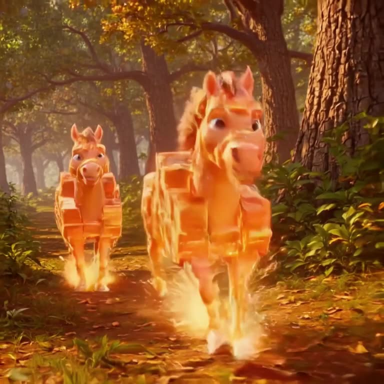 A horse crafted from stacked amber blocks gallops through a sun-drenched forest, each blo…