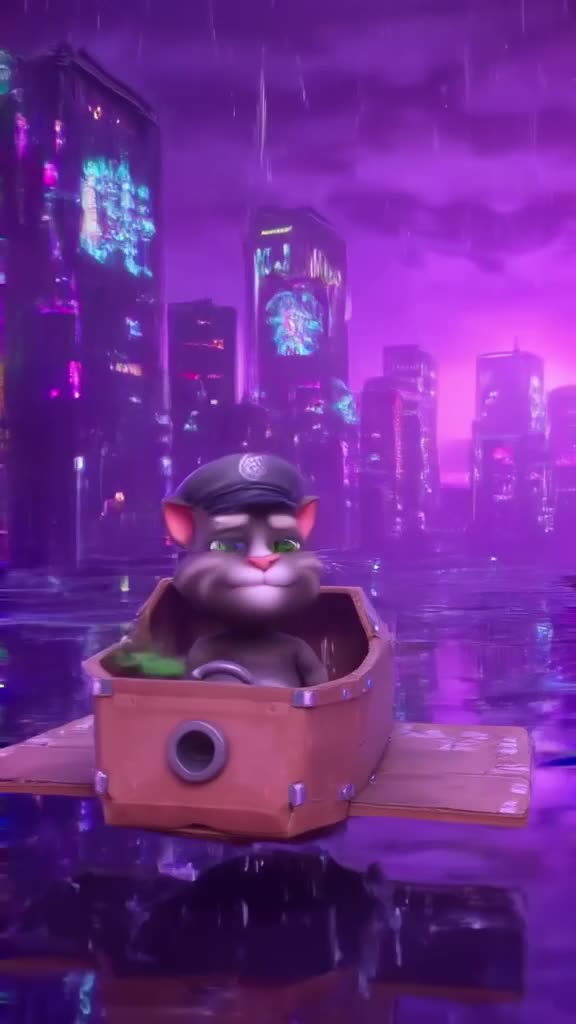 A gray cat wears a pilot’s cap, sitting in a cockpit made of cardboard. A cucumber flies …