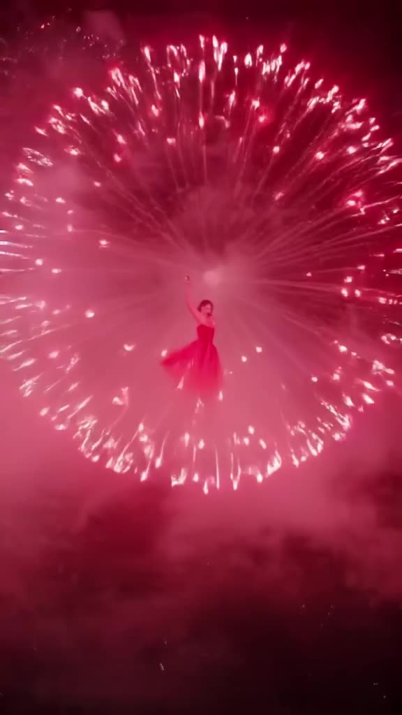 A lone dancer in a red dress spins, leaving a trail of firework sparks that paint the air…