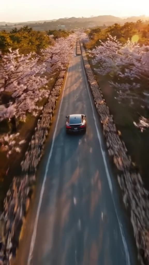 A drone shot follows a car racing down a road made of rolling sushi rolls. Cherry blossom…