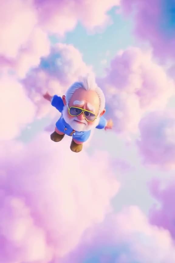 A grumpy grandpa in neon aviators skydiving through a kaleidoscope of cotton candy clouds…