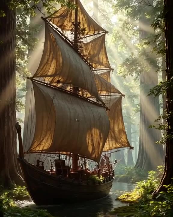 A majestic tall ship sails through a forest of giant redwood trees. Instead of water, the…