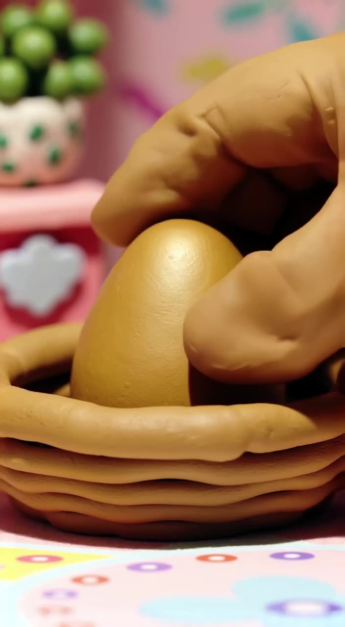A claymation hand places a small golden egg into a basket. The egg hatches instantly, rev…