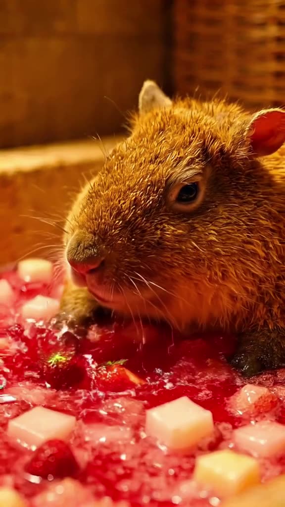 A capybara relaxes in a bathtub filled with strawberry jam and ice cream cubes. A single …
