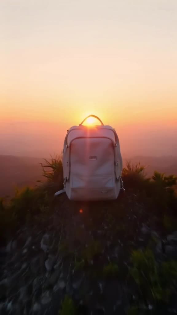 A white leather backpack is placed on a mountaintop at sunrise. As the sun hits it, the b…