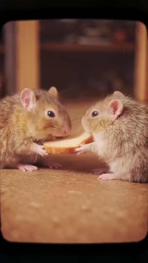 An old VHS tape effect shows a hamster and a guinea pig sharing a single slice of bread i…