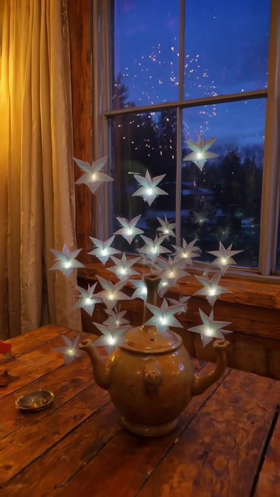 A flock of balloons shaped like tiny, intricate origami cranes floats out of a vintage te…