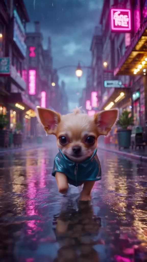A tiny Chihuahua wears a miniature raincoat, stepping into a shallow puddle. Water splash…