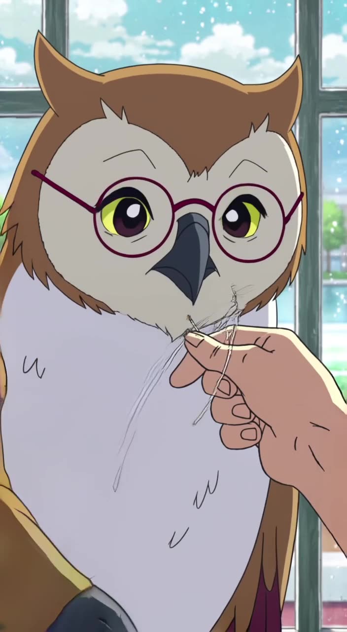 A snowy owl wearing reading glasses tries to thread a needle held by a steady human hand …