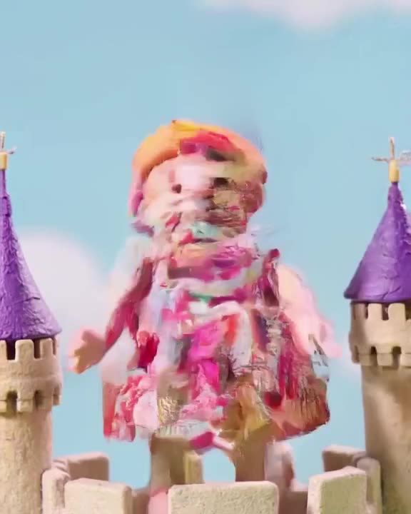 Claymation style: a cute clay-grandma in a floral dress bungee jumping from a fairytale c…