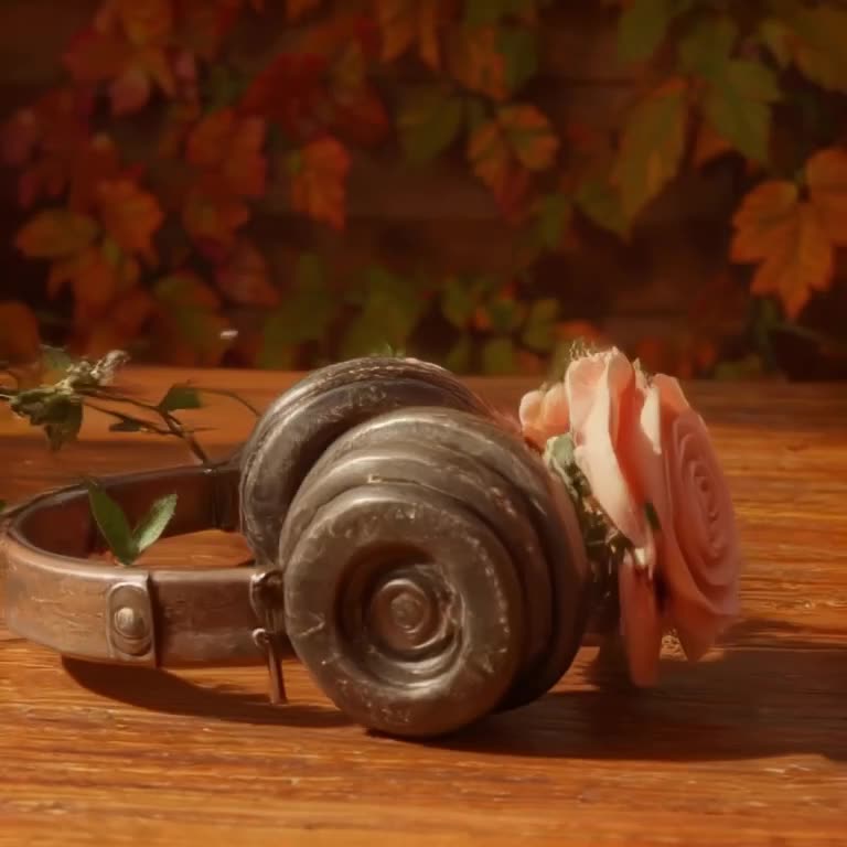 A pair of vintage headphones rests on a wooden table. The earcups morph into blooming ros…