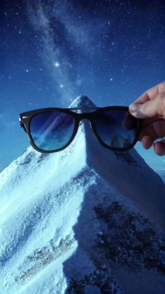 A snow-capped mountain peak glows under starlight. A giant pair of sunglasses slides onto…