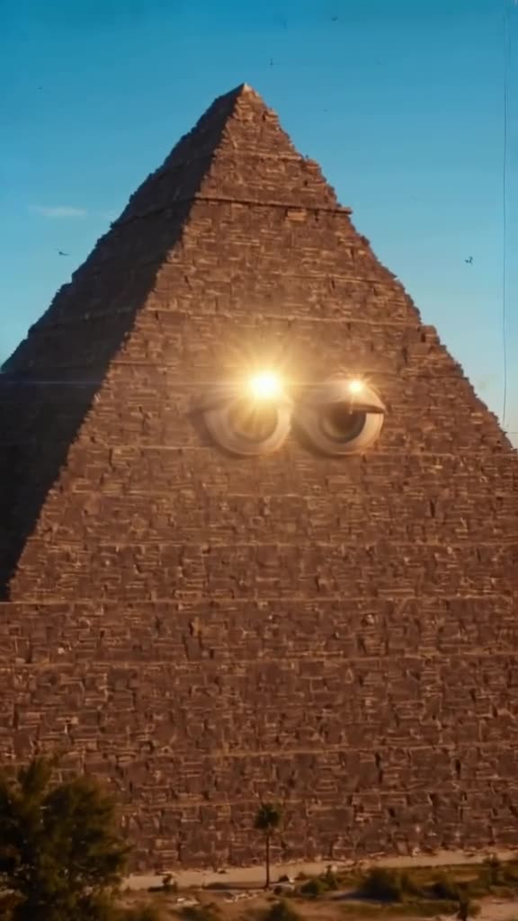 A grand pyramid structure under clear blue sky. A giant pair of eyes blinks slowly on the…