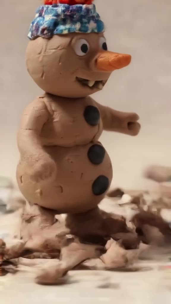 A claymation snowman attempts to ice skate but instantly shatters into tiny clay pieces w…