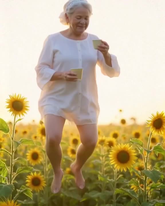 A grandma in a nightgown bungee jumping into a field of sunflowers. She holds a cup of co…