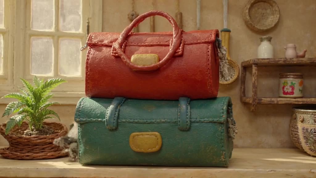 A stack of three colorful leather satchels on a shelf. The bottom one wiggles, then the m…