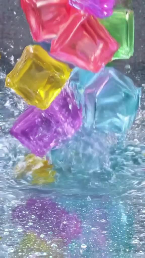 A stack of colorful gelatin cubes collapses in extreme slow motion, splashing into a pool…
