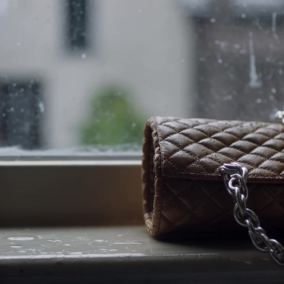 A classic quilted chain bag sits on a rainy window sill. Outside, a frog jumps up and sti…