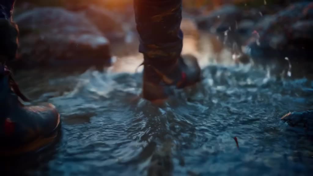 A pair of worn hiking boots steps into a shallow, crystal-clear stream. Water splashes up…