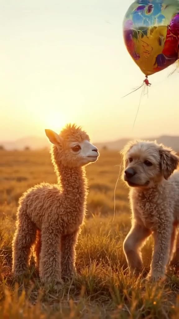 A baby alpaca stands in a field, confused by a floating balloon. A wise old dog walks by,…