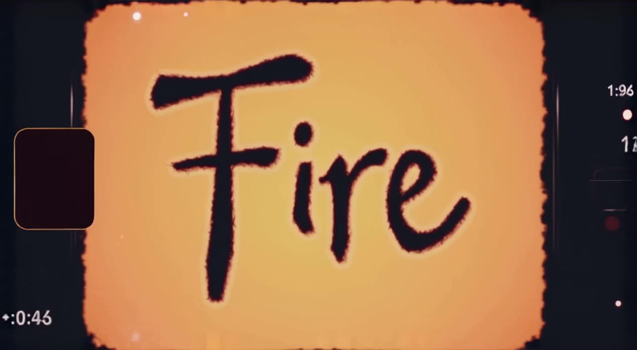 VHS glitch effect shows a calligraphy character ‘Fire’ igniting the screen edge. The flam…